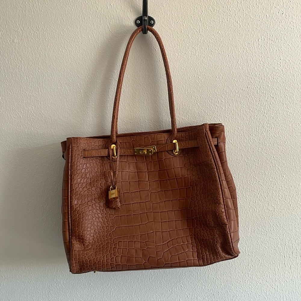Ashneil Brown Leather Gator Print Medium Tote Bag